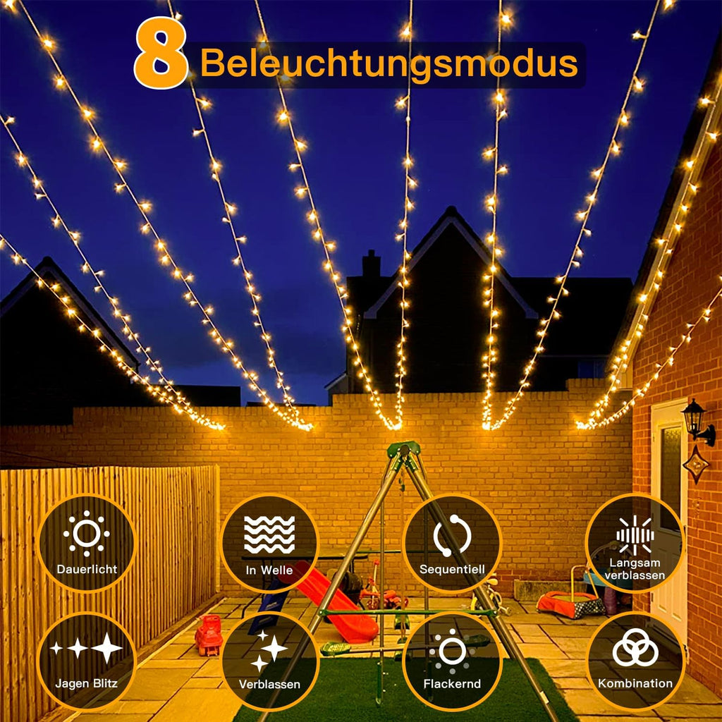 Ollny 600 LED 60m Warmweiße Weihnachtsbeleuchtung (Transparentes Kabel, Steckeranschluss, 8 Modi)