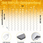 Ollny 300 LEDs 3m*3m Weihnachtslichterkette (Warmweiß, Transparentes Kabel, USB-Aufladung, 8 Modi)