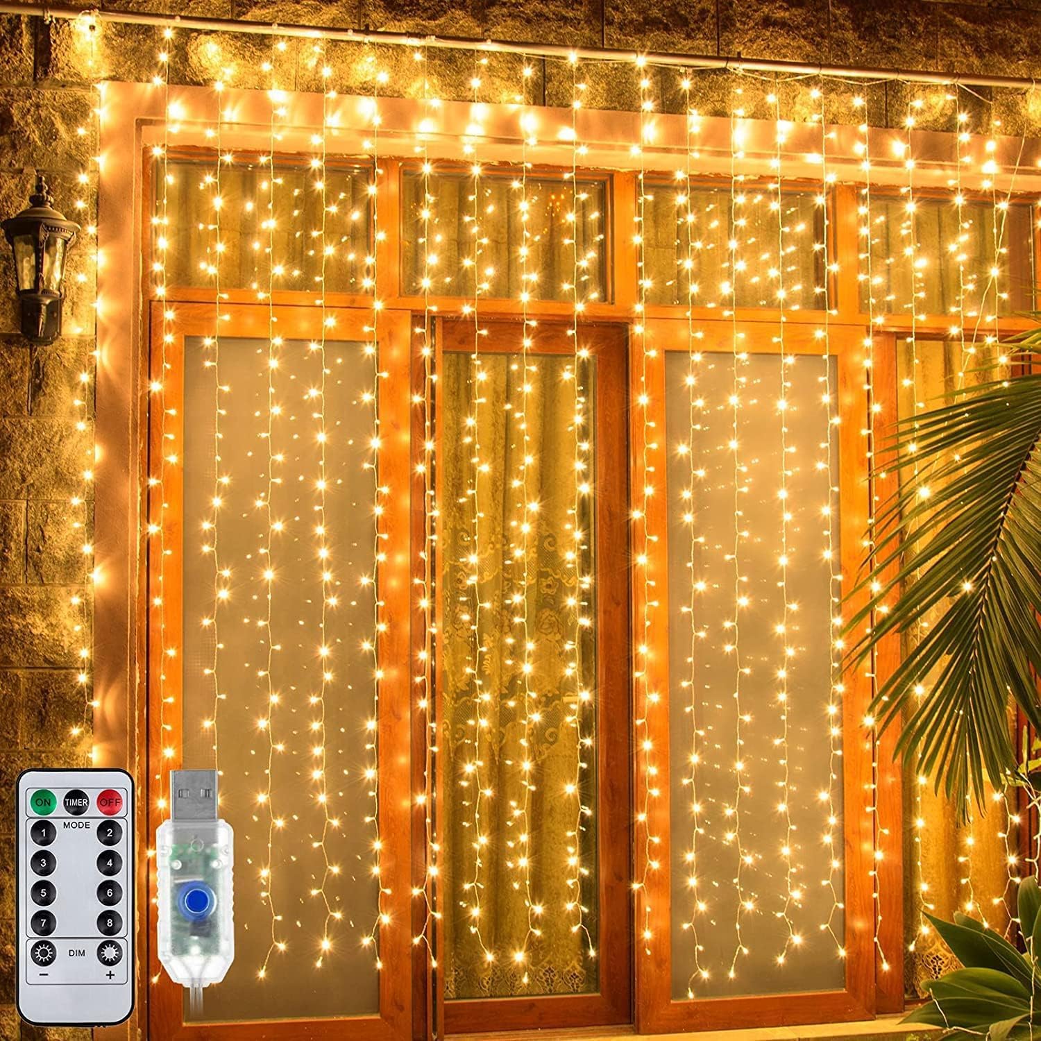 Ollny 300 LEDs 3m*3m Weihnachtslichterkette (Warmweiß, Transparentes Kabel, USB-Aufladung, 8 Modi)