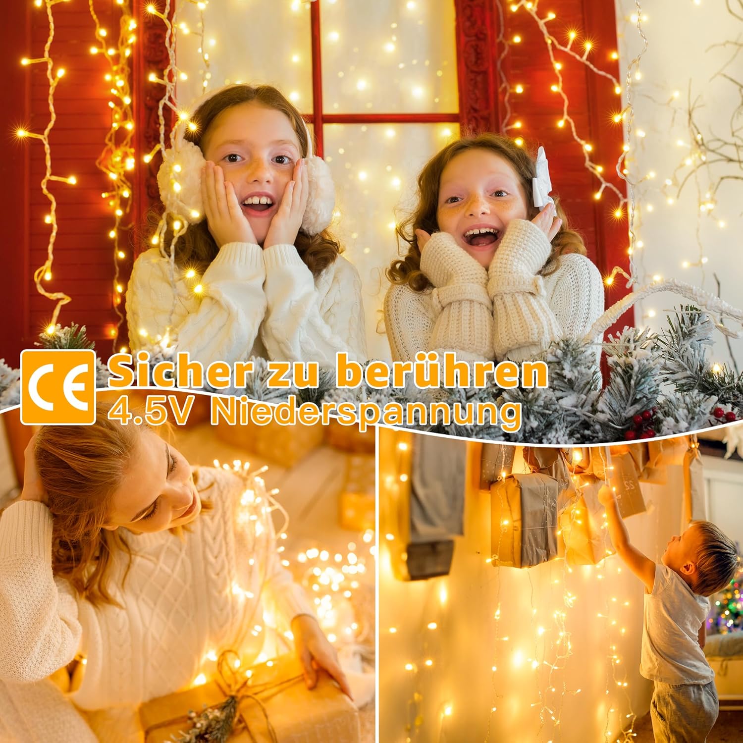 Ollny 300 LEDs 3m*3m Weihnachtslichterkette (Warmweiß, Transparentes Kabel, USB-Aufladung, 8 Modi)