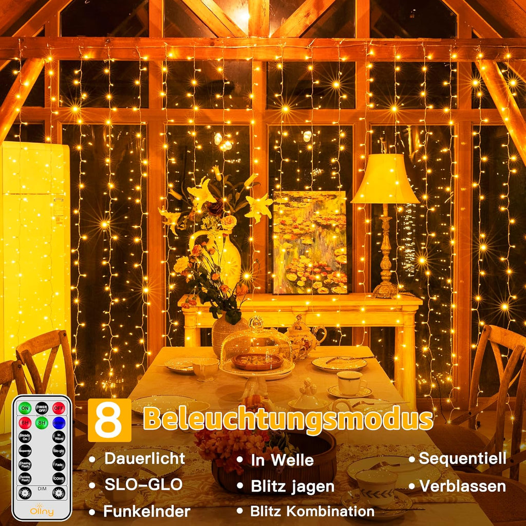 Ollny 300 LEDs 3m*3m Weihnachtslichterkette (Warmweiß, Transparentes Kabel, USB-Aufladung, 8 Modi)