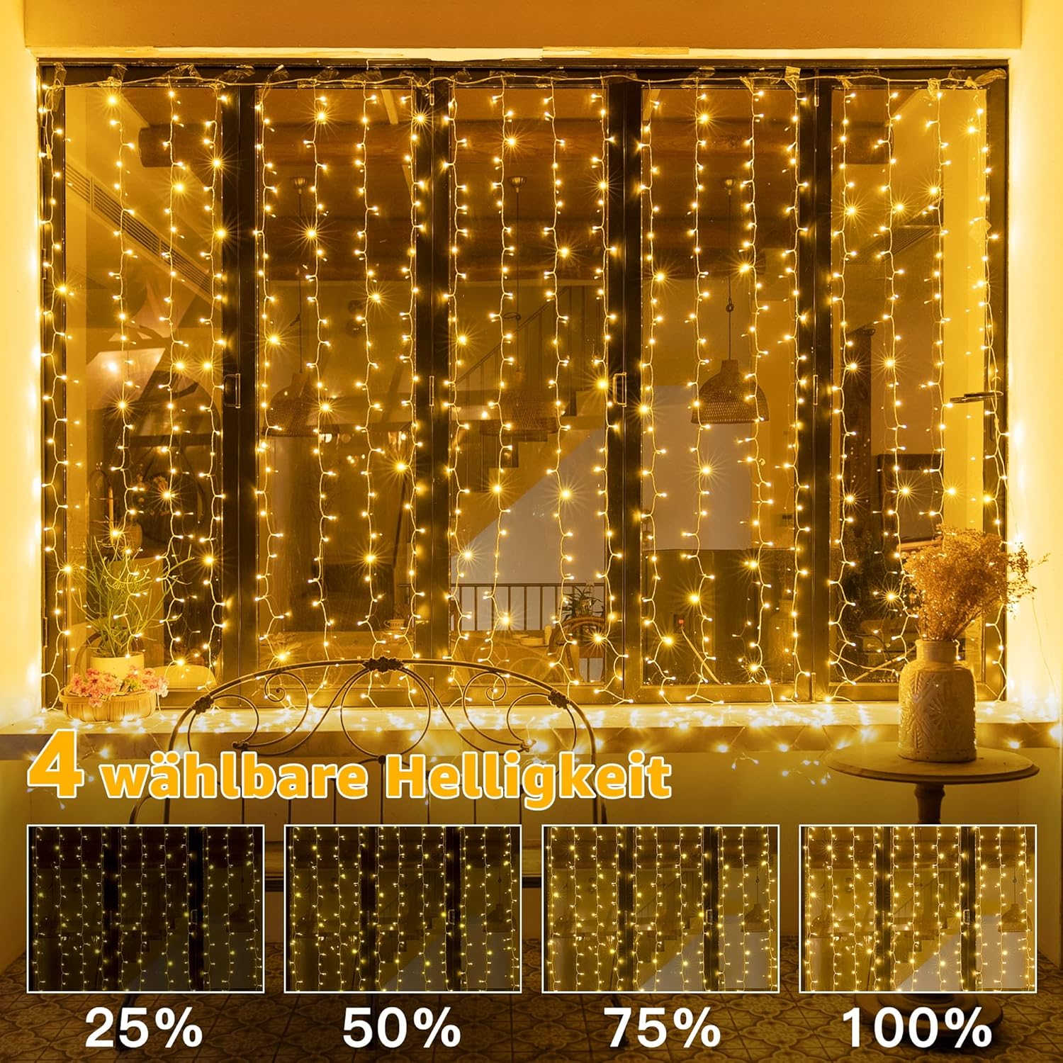 Ollny 300 LEDs 3m*3m Weihnachtslichterkette (Warmweiß, Transparentes Kabel, USB-Aufladung, 8 Modi)