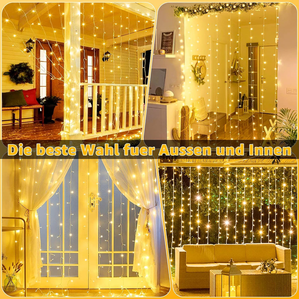 Ollny 300 LEDs 3m*3m Weihnachtslichterkette (Warmweiß, Transparentes Kabel, USB-Aufladung, 8 Modi)