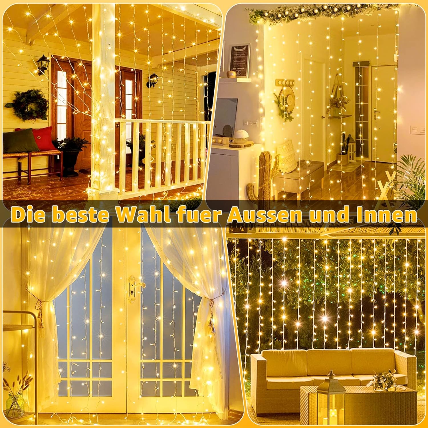 Ollny 300 LEDs 3m*3m Weihnachtslichterkette (Warmweiß, Transparentes Kabel, USB-Aufladung, 8 Modi)